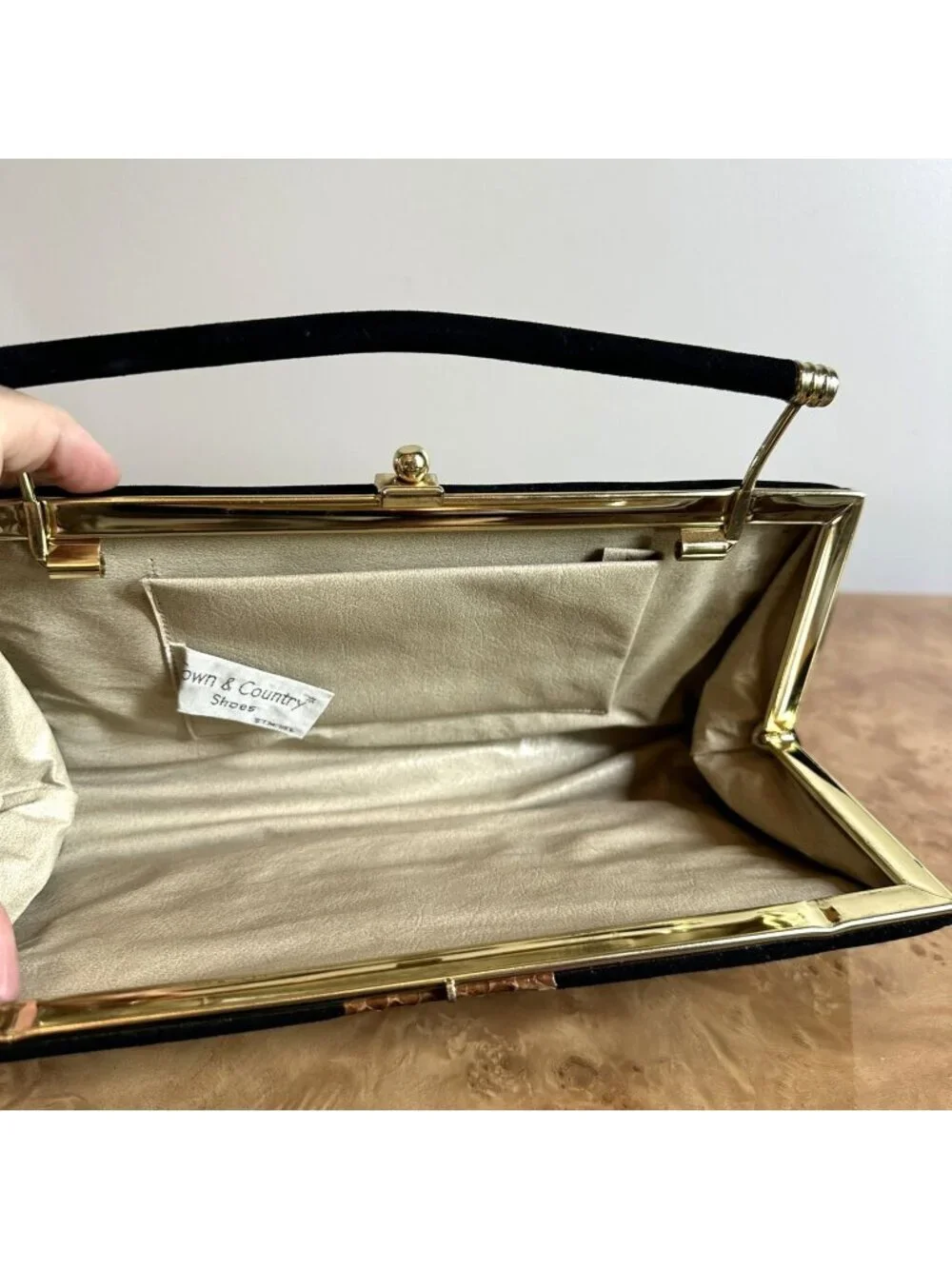 Vintage Town & Country Black Suede Clutch Python Snakeskin Trim Gold Frame MCM